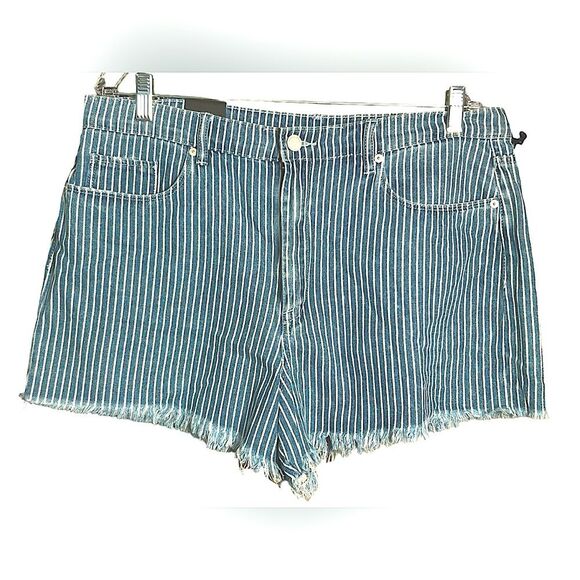 Blank NYC The Barrow Vintage High Rise Shorts Fray Hem Blue and White Preppy 33 - Picture 2 of 8